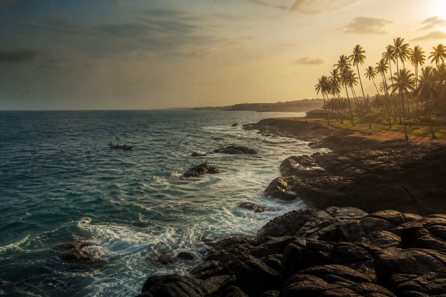 Ghana's rocky Atlantic coast glowing at sunset